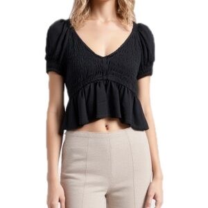 BP Black Smocked Peplum Crop Top with Puff Sleeve Size Medium